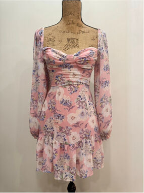 Love Triangle Pink Floral Mini Dress Open Tie Back Long Sleeve Sweetheart M